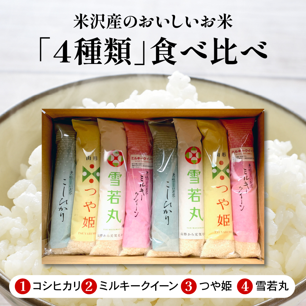 【 先行予約 】令和8年産 米沢米 4品種 2合詰め合わせセット 計 4.8kg ( 300g × 16袋 ) 食べ比べ 特別栽培米 雪若丸 つや姫 ミルキークイーン コシヒカリ 2024年産 産地直