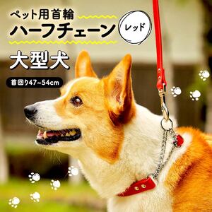 ペット用首輪 ハーフチェーン 大型犬用 レッド 首回り47-54cm ペット 犬 愛犬 ワンちゃん 大型犬 首輪 リード 本革 レザー 牛革 牛 散歩 さんぽ ウォーキング 健康 おしゃれ 消耗品 大阪府 松原市
