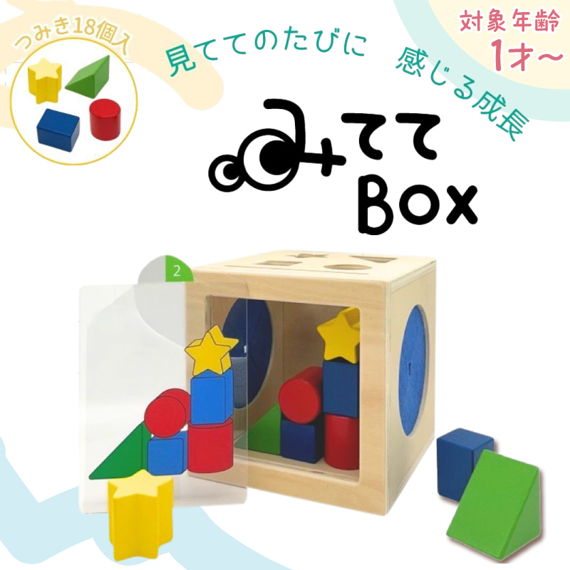知育玩具 みててBOX ［150A07］ 積み木 円柱 四角 三角 星 シート お手本シート 背景シート ボックス 木 ブラインドボックス 触覚 形当てる 積み上げ 創造力 学び わくわく