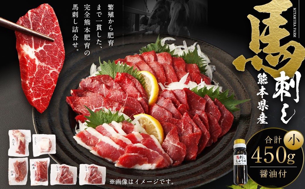 
                  熊本県産 馬刺し 450g セット （小） 食べ比べ 詰め合わせ 醤油付き 馬肉 肉
                