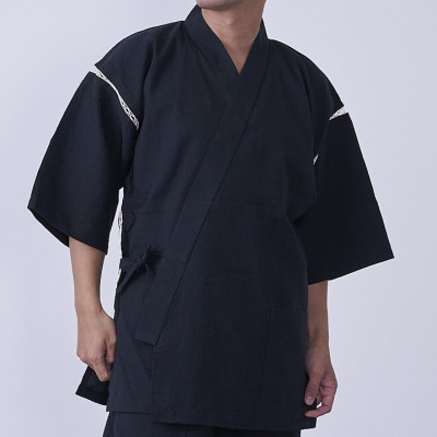 筑後市産織物　紳士用甚平(しじら織・無地) 黒 Mサイズ