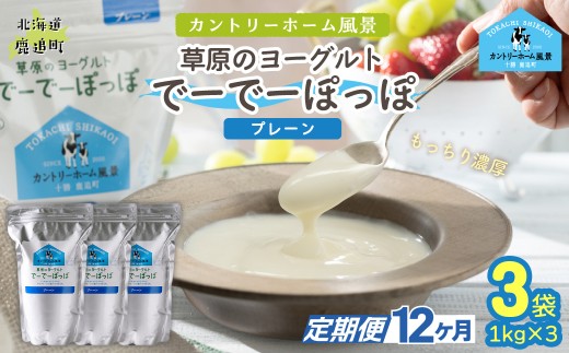 【定期12ヶ月】プレーン 草原のヨーグルト でーでーぽっぽ 1kg ×3 【 ふるさと納税 人気 おすすめ ランキング 牛乳 ヨーグルト 生乳 濃厚 クリーミー 手作り 北海道 十勝 鹿追町 送料無料 】 SKB154