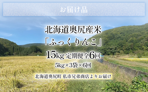 奥尻産米「ふっくりんこ」15kg入り（定期便 全６回） OKUI005