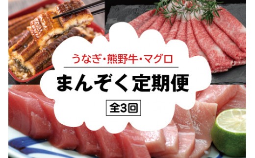 
                  【定期便】【三か月定期便】まんぞく定期便！うなぎ･高級和牛･マグロ　人気返礼品を3回お届け♪【tkb104】
                