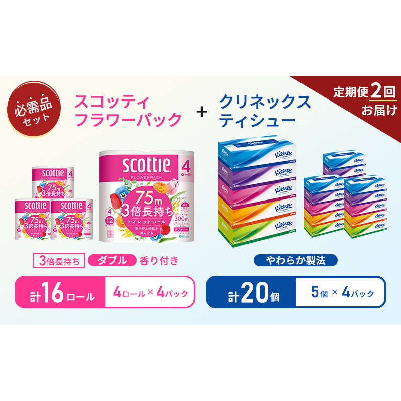 【 6ヶ月ごと計 2回お届け 】ティッシュ クリネックス 5箱入 × 4パック トイレットペーパー ダブル スコッティ 3倍長持ち 4ロール入 × 4パック フラワーパック 香り付き