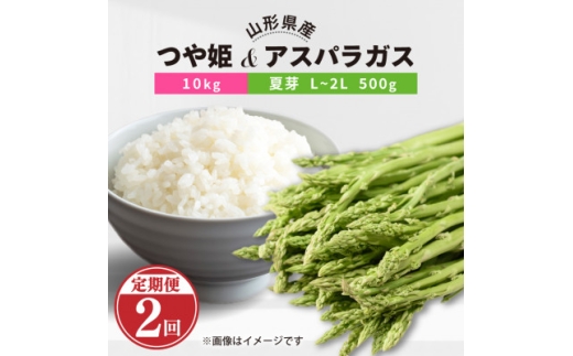 【発送月固定定期便】川西町産つや姫10kgアスパラガス(夏)L～2L 500g全2回【4091895】