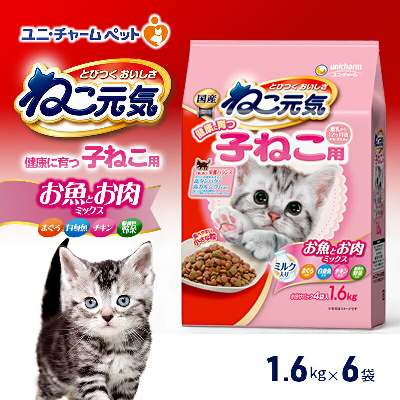 【ふるさと納税】ねこ元気 健康に育つ子ねこ用 お魚とお肉ミックス 1.6kg×6袋 ペットフード キャットフード 猫のごはん 猫用フード 猫 ペット ドライ ユニ・チャーム ペット