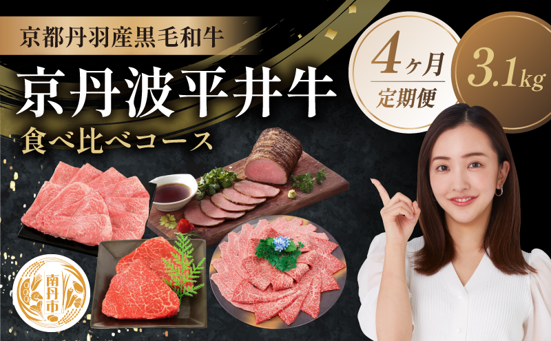 【4か月定期便】国産黒毛和牛 食べ比べコース 計3.1kg 京丹波平井牛