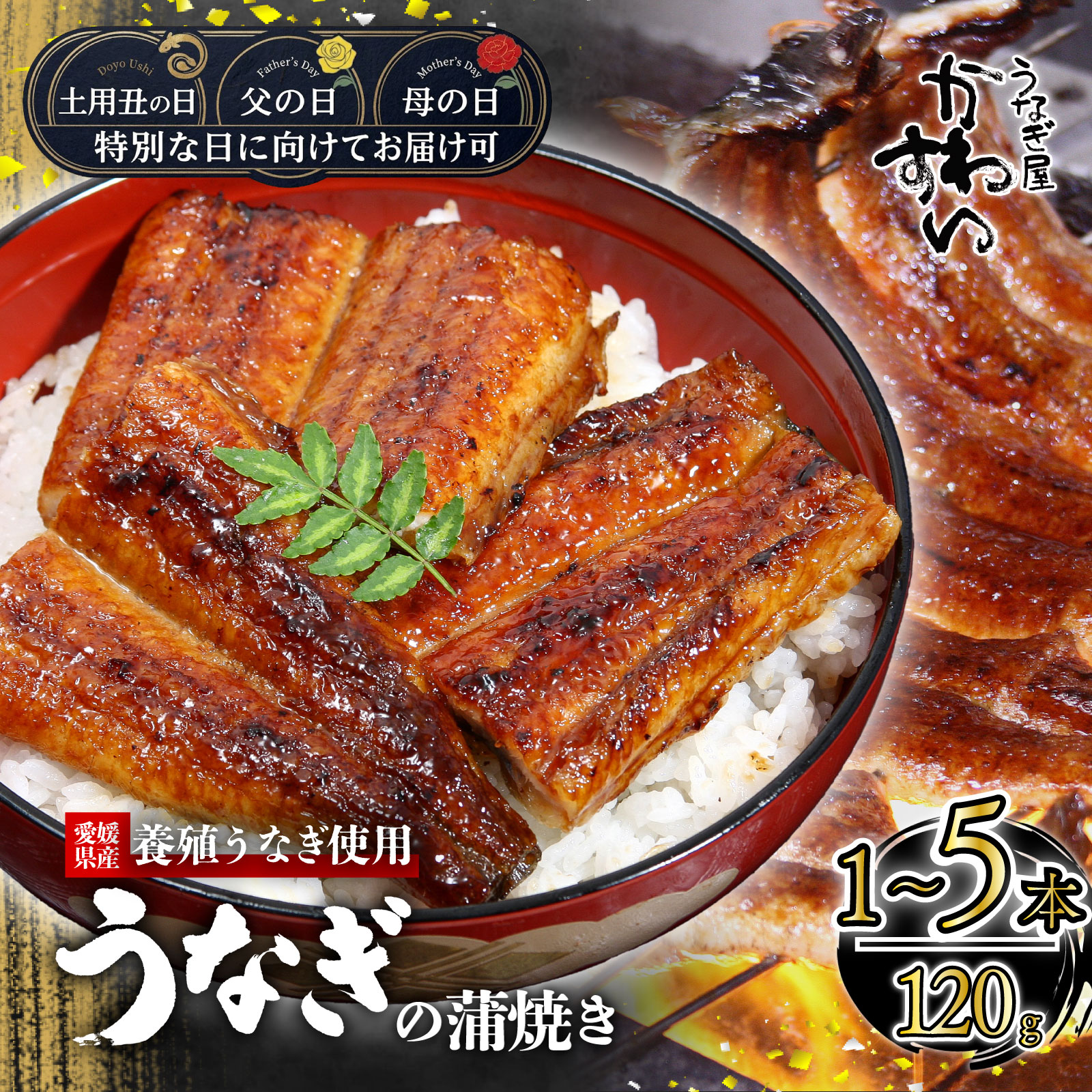 【ふるさと納税】 【土用丑の日/父の日/母の日お届け可能！】うなぎ蒲焼 1本?5本（1尾約120g） 愛媛産 国産 うなぎ ウナギ 鰻 蒲焼き 簡単調理 土用丑の日 ギフト お歳暮 母の日 父の日 かわすい 川口水産 冷凍食品 小分け グルメ 高級 お取り寄せ 愛媛県 松山市