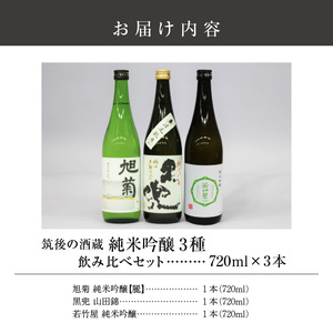 ≪地場産くるめオリジナル≫ 筑後の酒藏 純米吟醸 3種飲み比べセット（720ml×3本）_純米吟醸 飲み比べ セット 各720ml 爽やか キレのいい 旭菊 麗 焼酎 黒麹 仕込み こだわり 黒兜 山