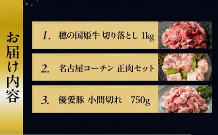 特選！贅沢お肉定期便 3回 肉 牛肉 豚肉 鶏肉 ブランド牛 名古屋コーチン ブランド豚 切り落とし 黒毛和牛 和牛 定期便 3ヶ月 毎月お届け どうまい 愛知県 豊橋市 送料無料