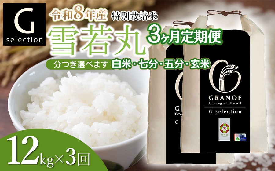 
                  【令和8年産先行予約】【定期便3ヶ月】特別栽培米 Gセレクション 雪若丸 12kg (6kg×2袋)×3ヶ月 山形県鶴岡市産　株式会社グラノフ
                