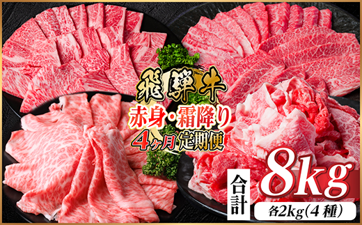 【毎月定期便】飛騨牛　赤身・霜降り定期便　計8kg  カルビ・赤身・ロース(焼肉・BBQ用)全4回【配送不可地域：離島】