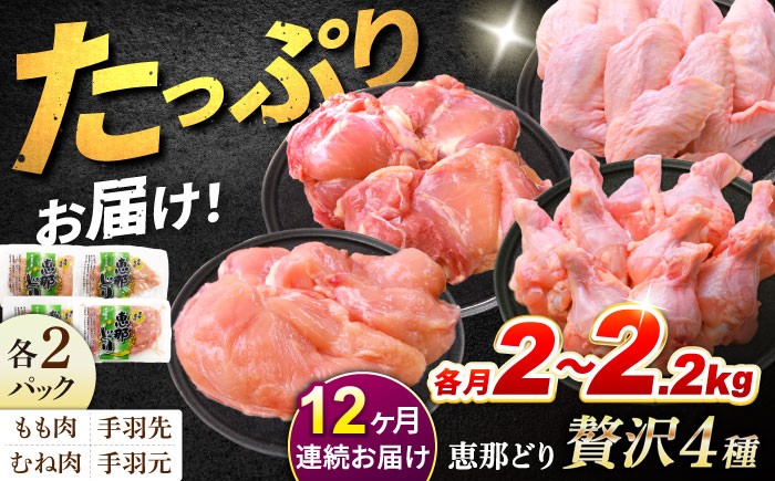 
            【12回定期便】 【冷凍】 恵那どり 贅沢4種 詰め合わせ (もも肉2枚 むね肉2枚 手羽先10本 手羽元10本) 小分け セット (約2~2.2kg×12回)　 鶏肉 とりにく 冷凍 手羽 多治見市/トーノーデリカ  [TEZ016]
          