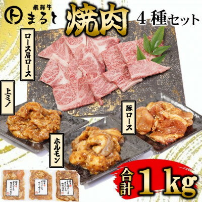 【ふるさと納税】【飛騨牛】焼肉4種セットA-3　ロース・肩ロースと味付けホルモンなど　合計1kg【配送不可地域：離島】【1619896】