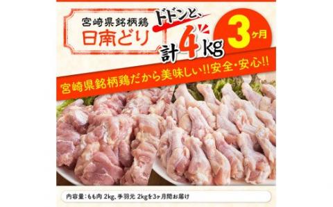 日南どり もも肉 2kg ＆ 手羽元 2kg セット 計４kg 【3ヶ月定期便】[G5314]