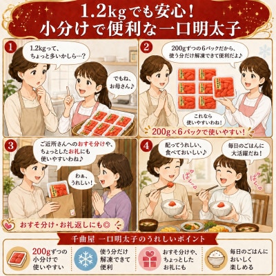 千曲屋　一口明太子1.2kg〔200g×6P〕小分けで便利!お裾分けにも!【配送不可地域：離島】