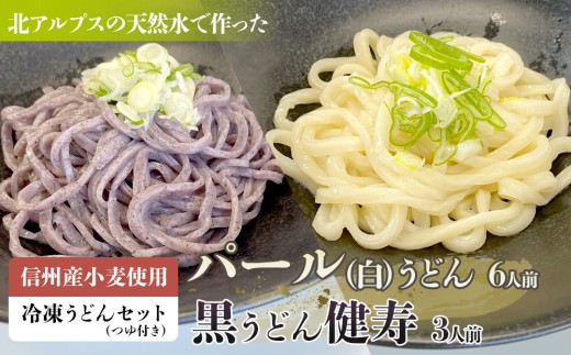 信州産 小麦使用 冷凍 うどんセット（つゆ付き）パール（白）うどん 6人前 黒うどん 健寿3人前セット｜麺 冷凍 うどん 信州産 人気 おすすめ つゆ 健康食 和食 送料無料 長野県 大町市 ふるさと納税