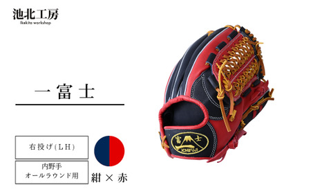 【紺×赤】一富士　軟式グラブ 内野手　オールラウンド用　カラーグラブ　軟式グラブ　池北工房　埼玉県　上尾市