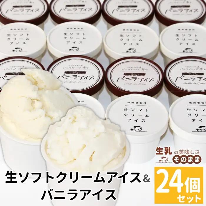 〈1週間以内発送〉生ソフトクリーム＆バニラアイス 24個 食べ比べ 着色料不使用 高評価 80ml マダガスカル産 生乳 スイーツ アイスクリーム バニラ 定番 ミルクアイス ご当地アイス 詰め合わせ ソフトクリーム  根羽村 ネバーランド 13000円