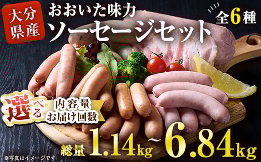 
            ＜内容量・お届け回数が選べる！＞おおいた 味力 ソーセージセット(総量1.14kg～6.84kg) ウィンナー ベーコン 定期便 国産 冷凍 豚肉 鳥肉 詰め合わせ 惣菜 おかず お弁当 粗挽き あらびき 大分県 佐伯市【DP68・DP69・DP79・DP80】【株式会社まるひで】
          