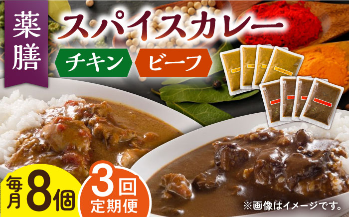 
【3回定期便】薬膳スパイスカレー ファミリーセット（チキンカレー 4食 ビーフカレー 4食） /自然庵 [UCQ010] カレー レトルトカレー 鶏肉 鶏 チキン 牛肉 牛 ビーフ
