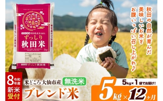 《令和8年産 新米受付》《定期便12ヶ月》米どころ 秋田県大仙市産 ブレンド米【無洗米】5kg（5kg×1袋）