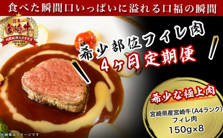 宮崎牛 希少部位フィレ肉の定期便（4ヶ月）_T166（4）-8401_(都城市) 牛肉 都城産宮崎牛 (A4ランク) フィレ肉 (150g×8) ヒレ肉 ヘレ肉 希少部位 国産黒毛和牛 4等級 ブラン