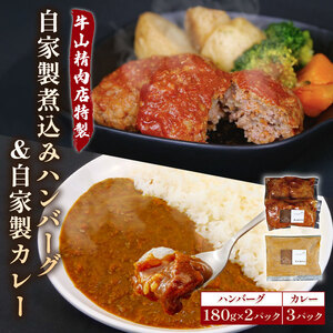 自家製 煮込み ハンバーグ 2個入り(180g)×2パック 自家製カレー 200g×3パック セット 国産牛 牛肉 国産豚 個包装 湯煎可 温めるだけ 簡単 レンジ 牛山精肉店 特製 手作り 沼津 静岡