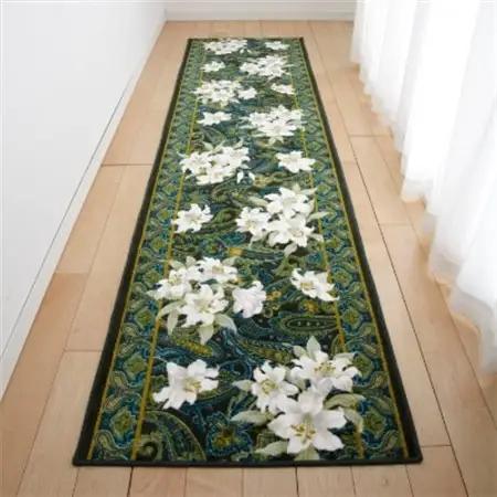 日本製 廊下カーペット 65cm×180cm 【ユリ柄】 滑り止め加工 (グリーン)【1264327】