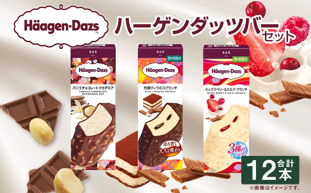 
            ハーゲンダッツバー 12本セット （バニラチョコレートマカデミア×4本、芳醇ティラミスクランチ×4本、ミックスベリー&ミルククランチ×4本） ハーゲンダッツ バニラ チョコレート マカデミア ティラミス クランチ ミックスベリー&ミルククランチ バー 詰合せ セット アイス アイスクリーム ギフト 愛媛県 【えひめの町（超）推し！（松前町）】（715-1）
          