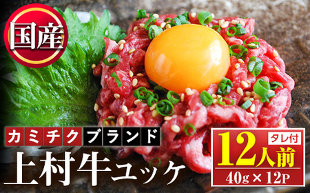 No.1100-B 自慢の自社ブランド牛「上村牛ユッケ」(12人前・40g×12P)国産 九州産 牛肉 黒毛和牛 和牛 ユッケ 生食 小分け 冷凍 ギフト 贈答 頒布会 定期便 数量限定【カミチク】