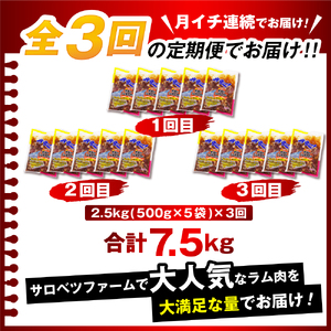 【3か月定期便】王様のジンギスカン（味付きラムロース）5袋(2.5kg)×3回 計7.5kg