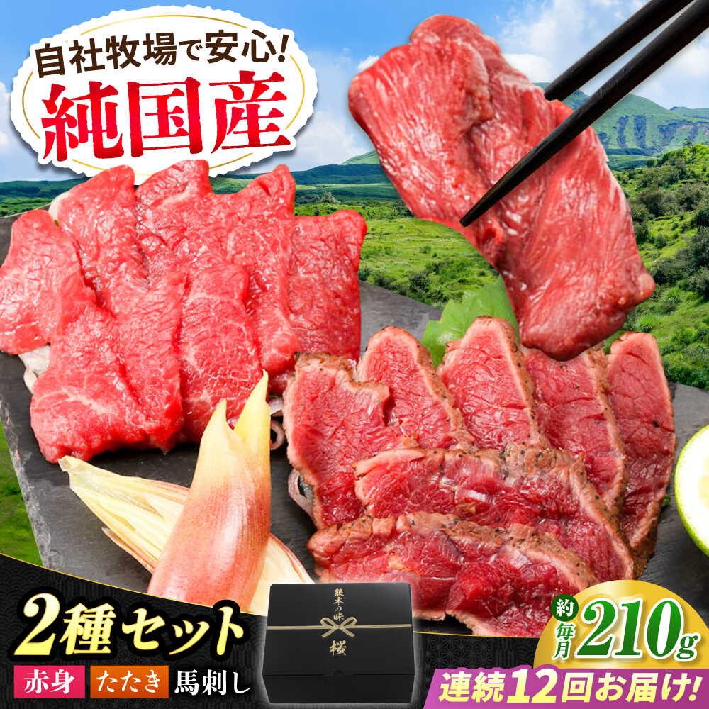 【ふるさと納税】【全12回定期便】『純国産』熊本の味 馬刺し 入門 2種 セット 計約210g（2〜3人前）赤身 タタキ 馬肉 冷凍 熊本 ばさし 合志 詰め合わせ 定期 定期便 食べ比べ【有限会社 九州食肉産業】[AYCN103] 馬刺 馬 肉 九州 醤油 タレ タレ付き 熊本県 合志市