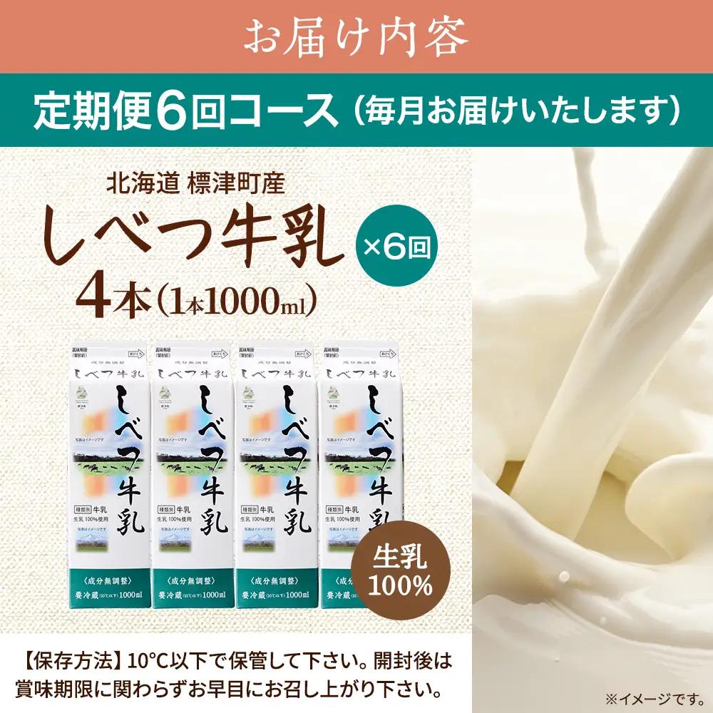 【6ヶ月定期便】しべつ牛乳1L×4本 北海道 パックミルク 牛乳 【AE009】