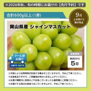 【2026年発送分 先行予約】岡山県産 シャインマスカット 600g以上（1房）【ご家庭用】【025-a034】