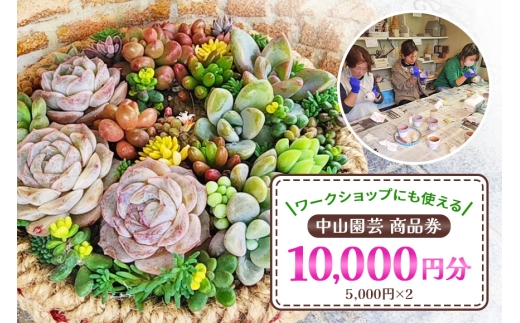 中山園芸 商品券10,000円分（5,000円分×2枚） 商品券 10000円 1万円 ワークショップ 植物 園芸 関連商品 初心者 お子様 大人 歓迎 モルタルデコ 多肉植物 寄せ植え ギフト プレゼント 茨城県 那珂市 A07-024