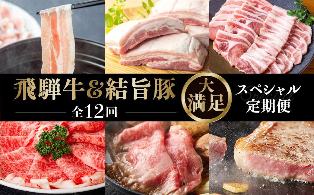 
《定期便12回》飛騨牛＆結旨豚　食べきりタイプ スペシャル定期便 12か月 1年間 焼肉 サーロイン ロース モモ すき焼き しゃぶしゃぶ 牛肉 豚肉 国産 焼き肉 赤身 A4 A5 豚肉 バラ ブランド豚 だるまミート 岐阜県 白川村 贅沢 冷凍 210000円 [S409]
