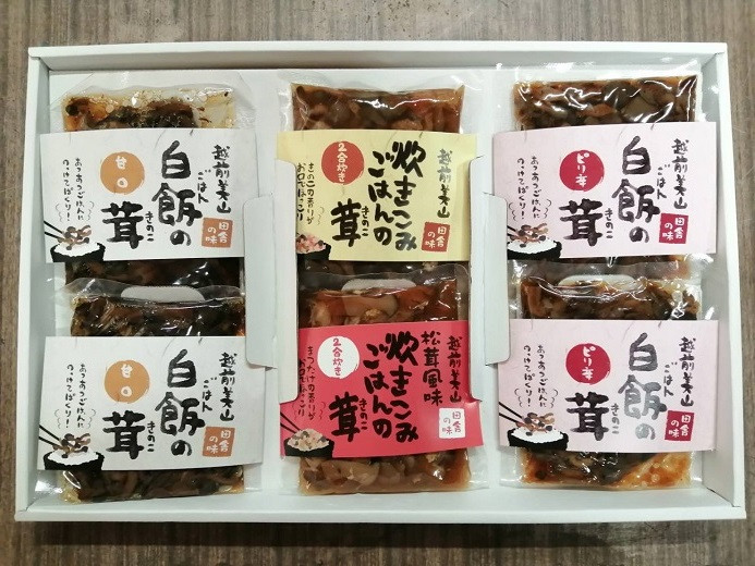 
            「白飯の茸甘口×2・ピリ辛×2・炊き込みごはんの茸ひらたけ×1・エリンギ×1」[A-081003]
          