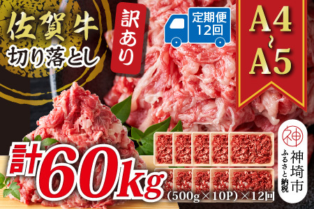 【12か月定期便】訳あり！【A4～A5】佐賀牛切り落とし 5kg(500g×10P)×12回【肉 牛肉 ブランド牛 黒毛和牛 ふるさと納税】(H112219）