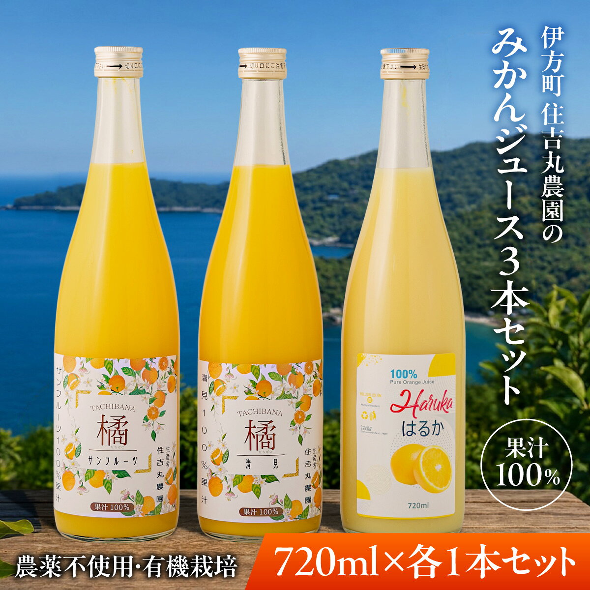 【ふるさと納税】みかんジュース3本セット 清見タンゴール はるか サンフルーツ 720ml×各1本【ふるさと納税 人気 おすすめ ランキング 清見タンゴール はるか サンフルーツ ジュース みかん ミカン 無農薬有機栽培 住吉丸農園 愛媛県 伊方町 送料無料】 IKTBN025