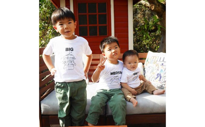 3人兄弟姉妹でおそろい/ハンバーガー SMALL×MEDIUM×BIG プリント/ Tシャツ3枚組ギフトセット【出産祝い・誕生日・ギフト・プレゼント】（80cm×110cm×150cm）