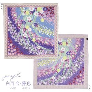 【佐々木染工】 京友禅スカーフ シルク100% ＜枝垂れ桜 白百合/藤色（パープル）＞