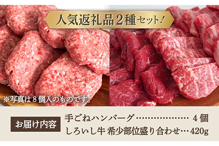 【牧場直送】人気返礼品セット！手ごねハンバーグ 4個＆しろいし牛 希少部位 焼肉用 盛り合わせ 420g【有限会社佐賀セントラル牧場】[IAH110]