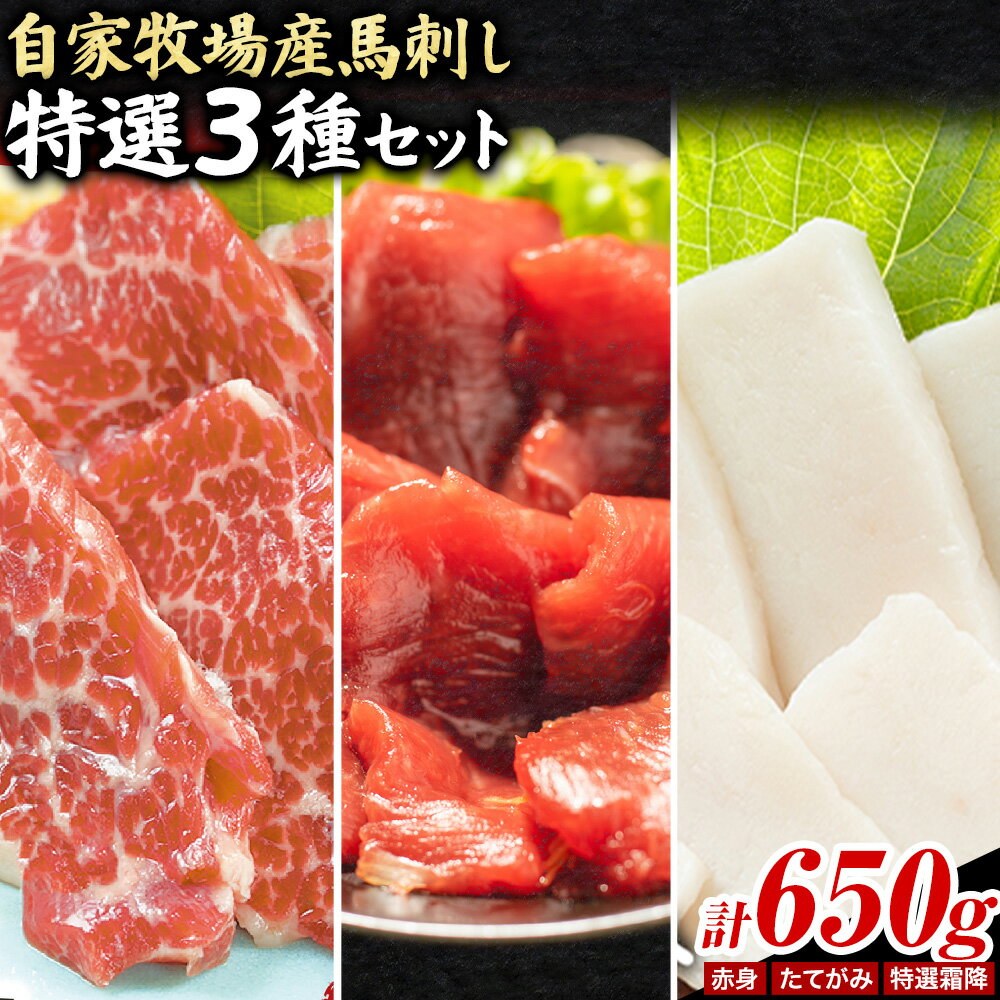 【ふるさと納税】馬肉 馬刺し 自家牧場産 馬刺し特選 3種セット 特選霜降り たてがみ 赤身 650g 高椋畜産《30日以内に出荷予定(土日祝除く)》熊本県 南関町 馬肉 馬刺し