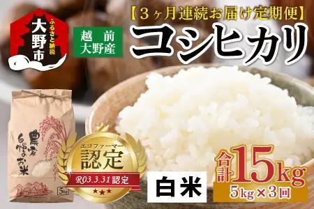 【先行予約】【令和8年産 新米】【3ヶ月定期便】【白米】一等米 エコファーマー認定農家栽培こしひかり 5kg × 3回 計15kg 【2026年10月より順次発送】 [C-001007_01] 越前大野産