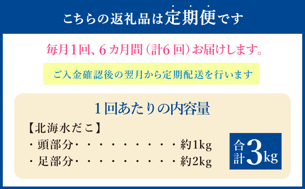 【6回定期便】北海 水だこ 頭・足 セット 約3kg 合計約18kg