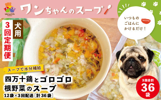 
                  26-433．【3回定期便】いつものごはんにかけるだけ！四万十鶏とゴロゴロ根野菜のスープ 12袋セット×3回配送（合計36袋）【ペットフード】
                