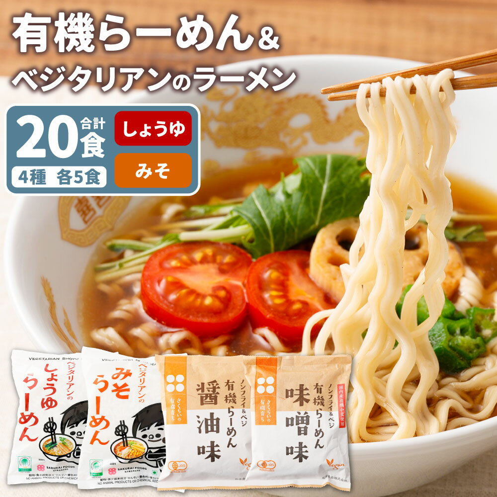 【ふるさと納税】 有機らーめん ＆ ベジタリアン の ラーメン 計20食 セット （ 4種 各5食 ） | わらべ村 インスタント 麺 袋麺 即席 即席麺 しょうゆ みそ 有機めん 動物性素材不使用 詰め合わせ 保存食 備蓄 食品 岐阜県 美濃加茂市 送料無料