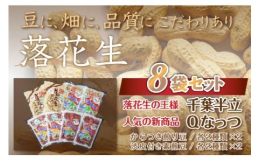 
千葉県 大網白里市産 落花生千葉半立、Qナッツ8袋セット 落花生 おつまみ 千葉県産 大網白里市 送料無料
